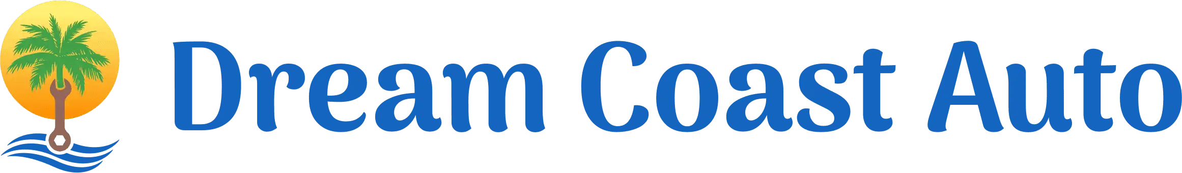 Logo for Dream Coast Auto, a Panama City Beach car repair shop, featuring a palm tree with a tire base set against a sunset and blue waves, with the company name in large blue text to the right.