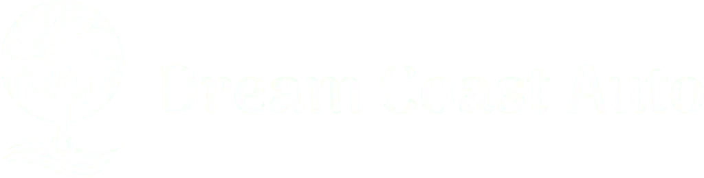 Logo for Dream Coast Auto, a Panama City Beach car repair shop, featuring a palm tree with a mechanical part as the trunk, set against a circular background with waves below and the company name in large text.