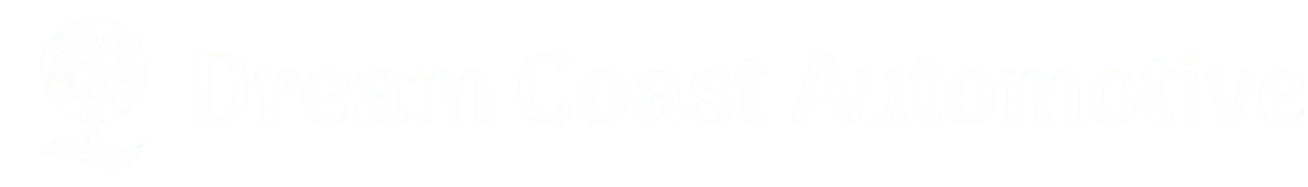 Logo for Dream Coast Automotive, a Panama City Beach car repair shop, featuring a palm tree in a circle with wave lines beside the company name in large, white font on a light gray background.