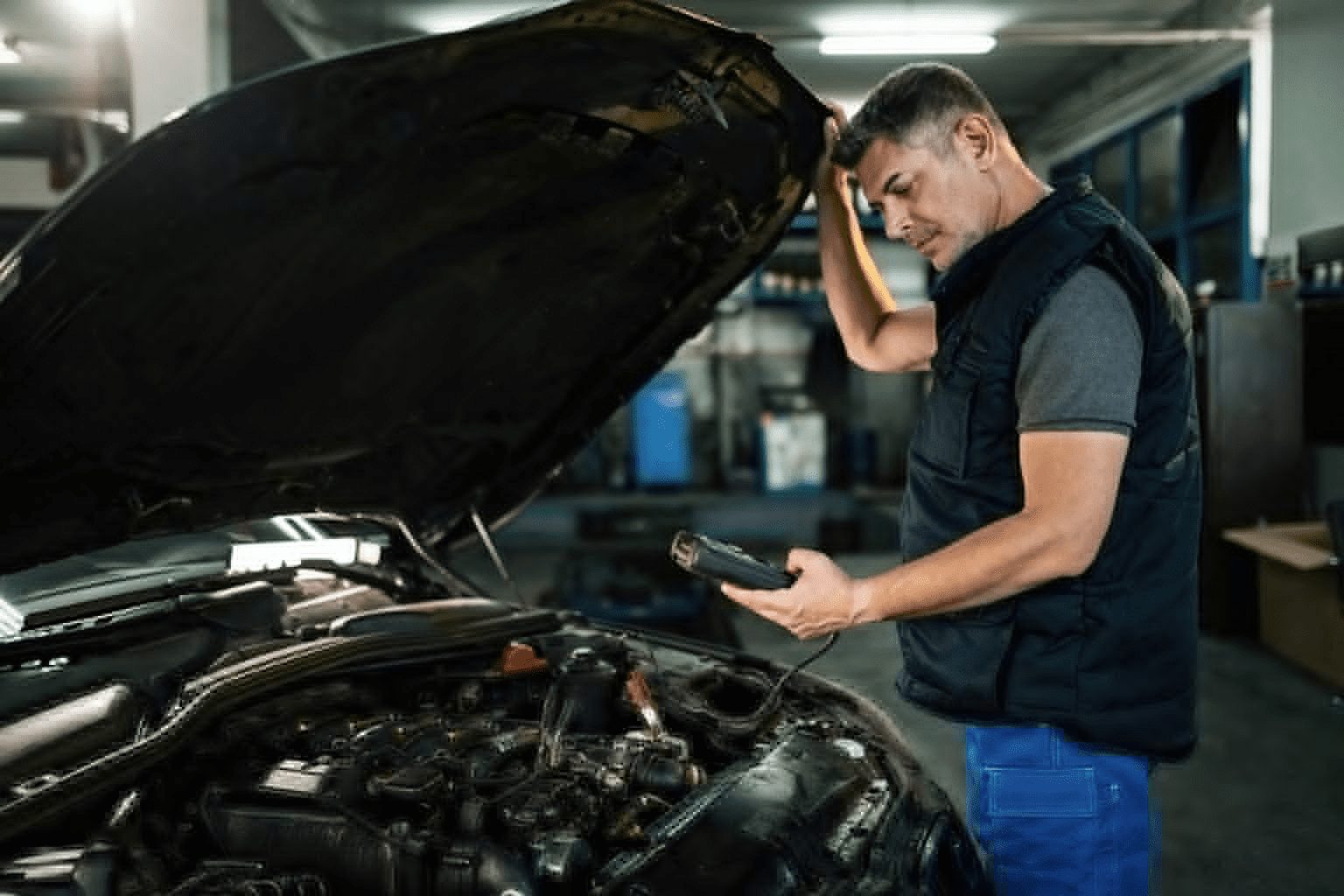 Mechanic inspecting a car engine with the hood open while holding a diagnostic tool.