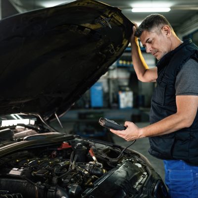 A mechanic stands by an open car hood in a car repair shop, looking at a diagnostic tool while inspecting the car engine.